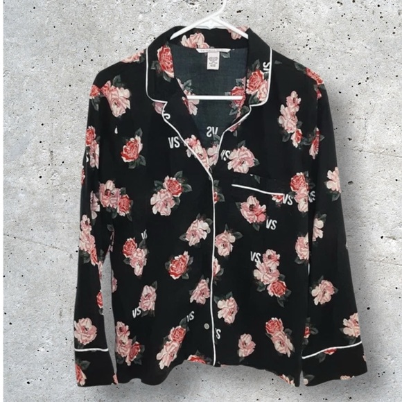 Victoria's Secret XS Black and Pink Floral Pajama Top Cotton Long Sleeve Button - Picture 2 of 7